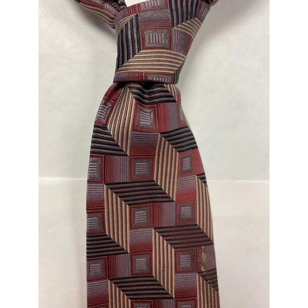 Screenplay By Martin Wong Silk Necktie Black Red Gold Geometric Handmade 60x3.75